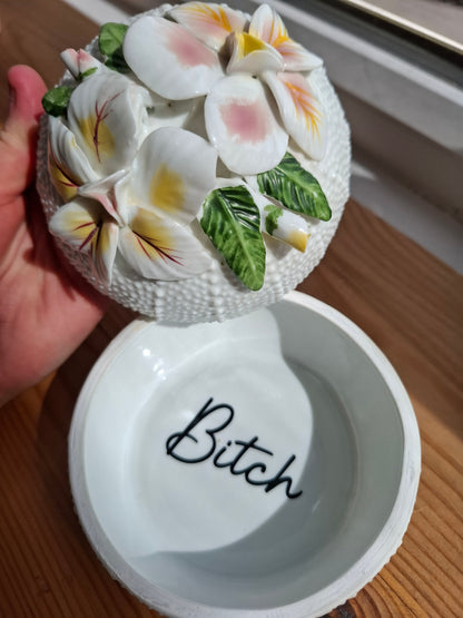 'Bitch' Upcycled Large White 3D Flowers Trinket Pot