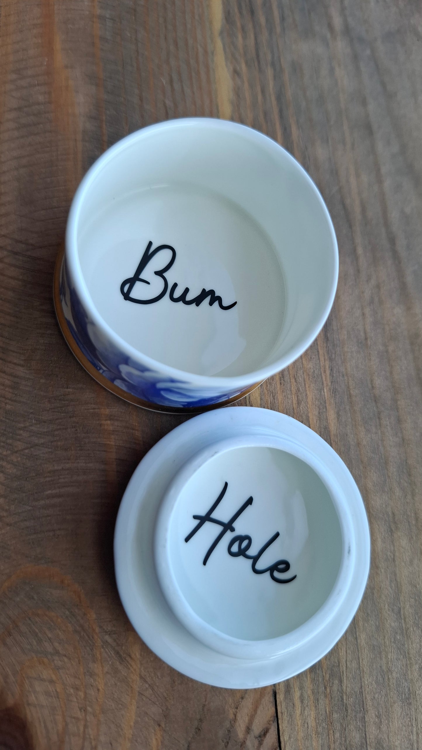 'Bum Hole' Upcycled Blue And White Pattern Trinket Pot