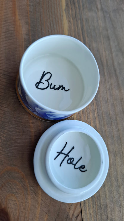 'Bum Hole' Upcycled Blue And White Pattern Trinket Pot