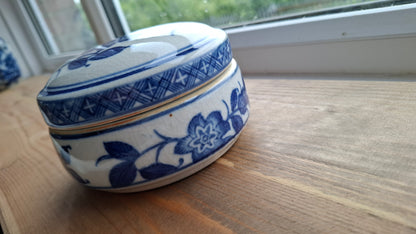 'Fanny Flaps' Upcycled Large Blue And White Round Trinket Pot