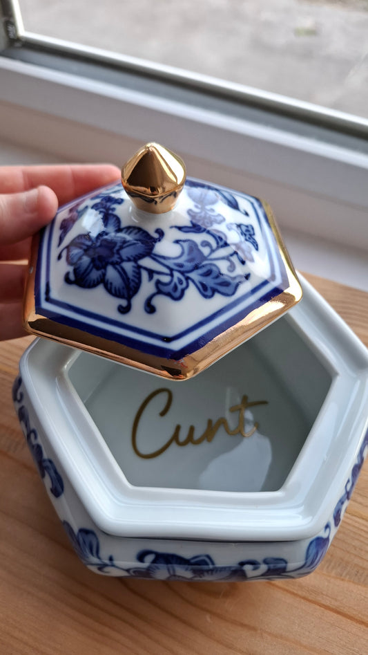 'Cunt' Upcycled Blue And White Fancy Ceramic Pot