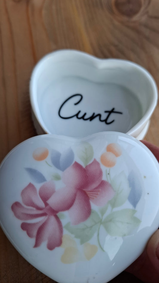 'Cunt' Upcycled Small White Heart Shaped Trinket Pot