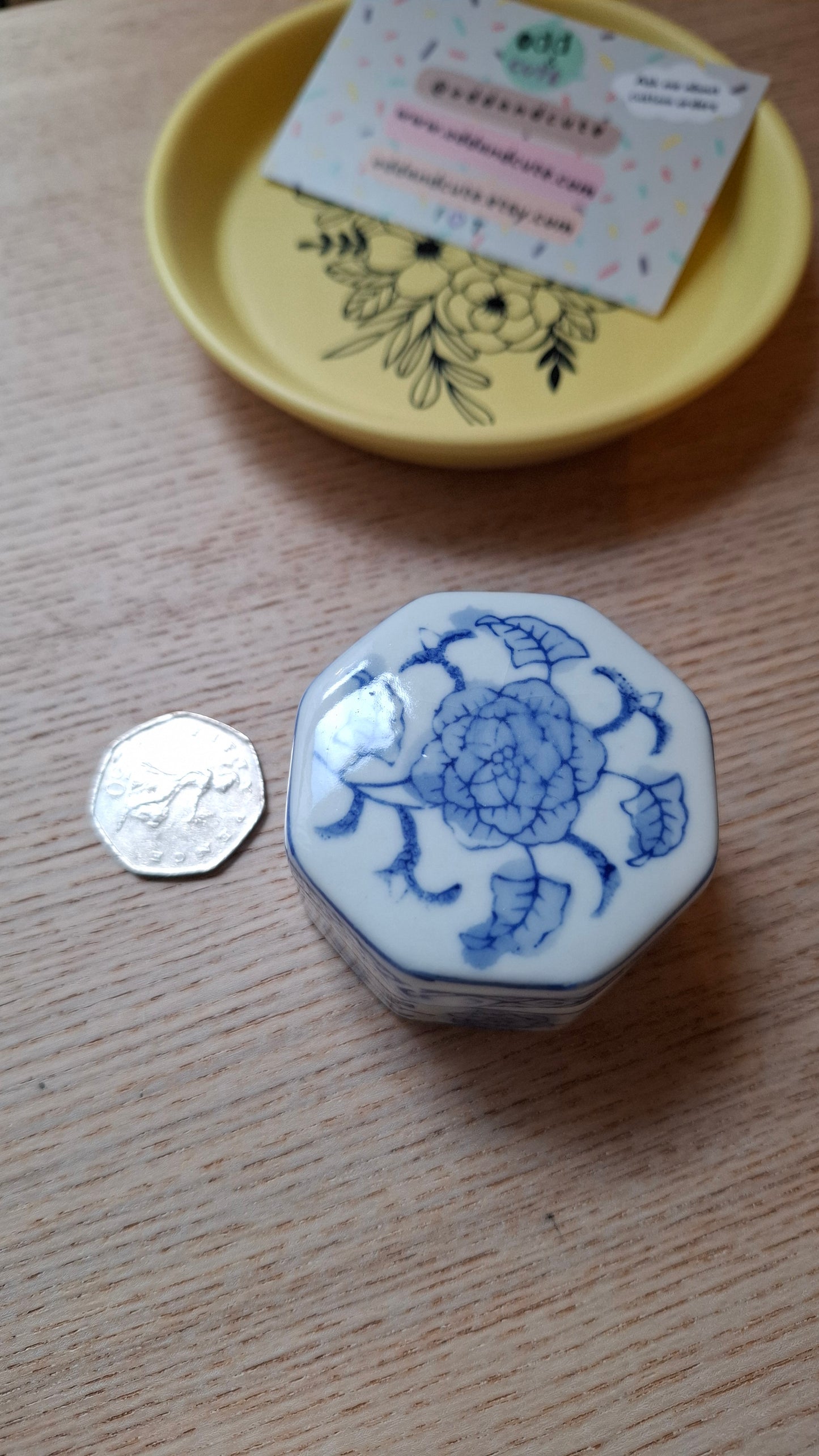 'Piss Flaps' Upcycled Blue And White Octagon Trinket Pot