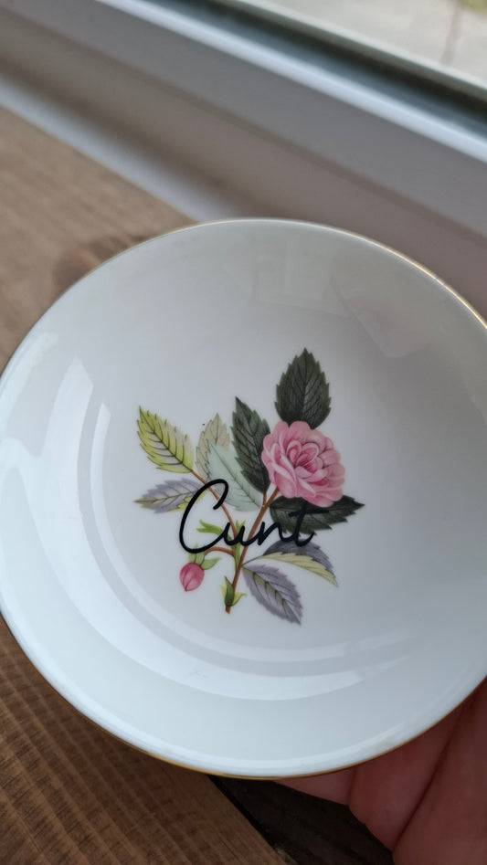 'Cunt' Upcycled Round Floral Small Trinket Dish (Pink Rose)