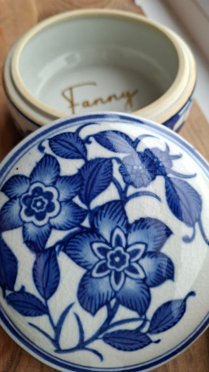 'Fanny Flaps' Upcycled Large Blue And White Round Trinket Pot