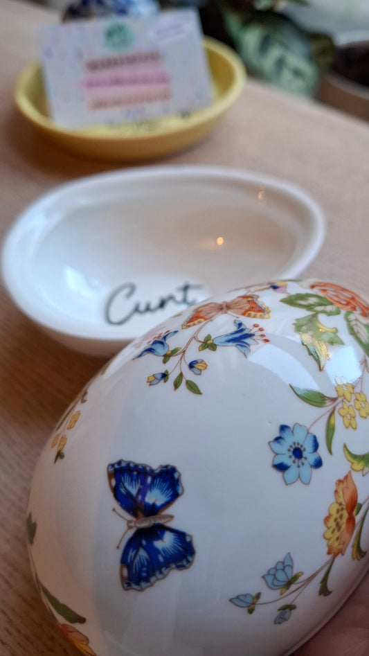 'Cunt' Upcycled Large Aynsley Egg Shaped Trinket Pot