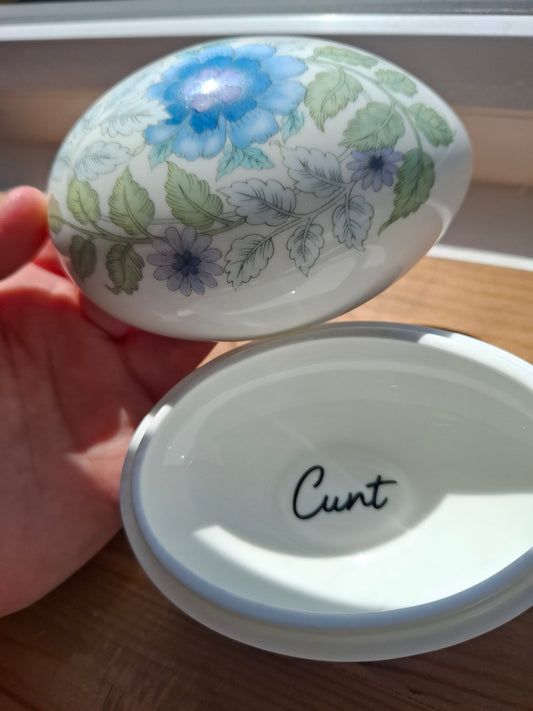 'Cunt' Upcycled Large Egg Shaped Trinket Pot (DISCOUNTED - DUE TO LID)