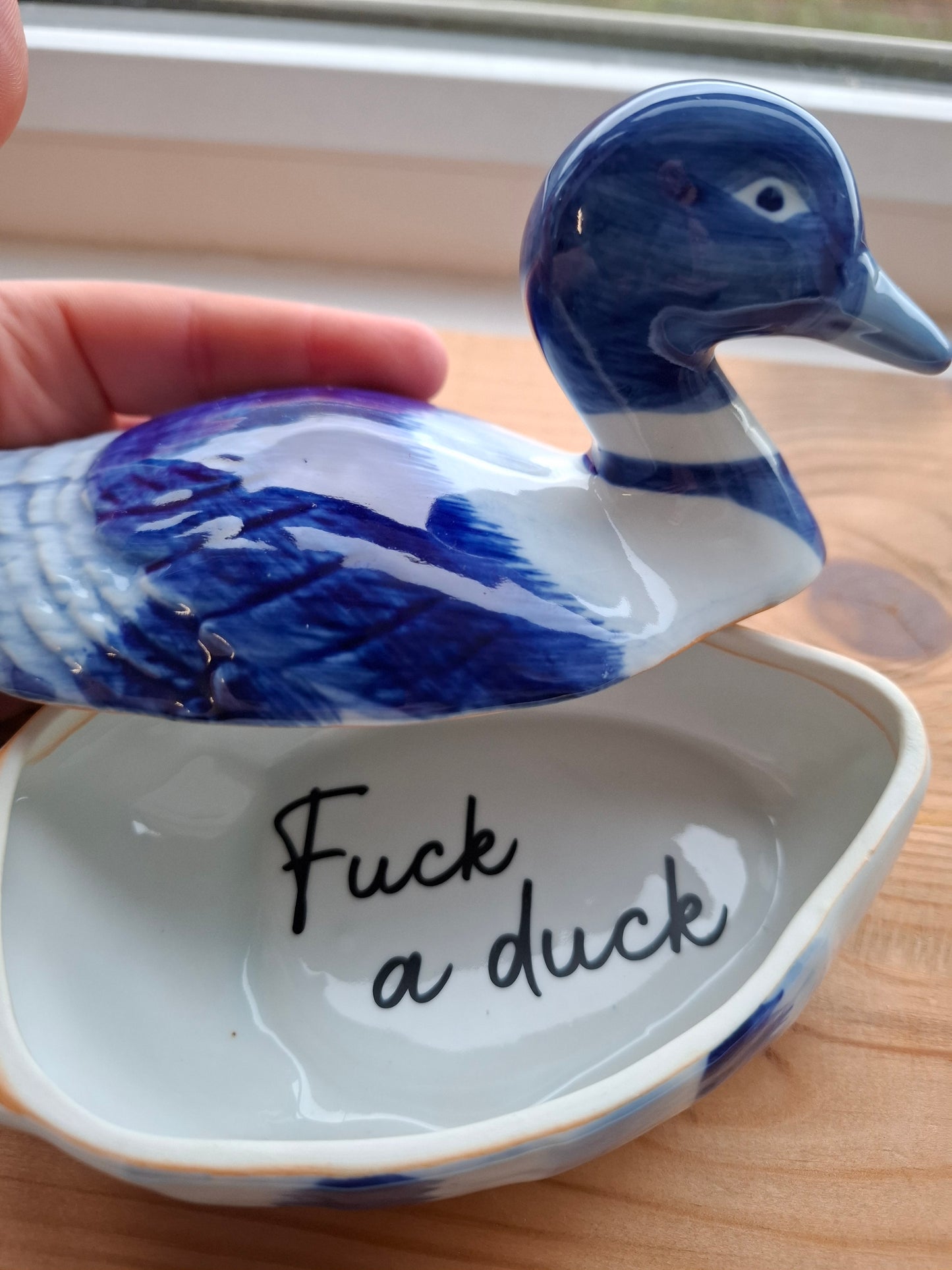 'Fuck A Duck' Upcycled Blue and White Duck Trinket Pot