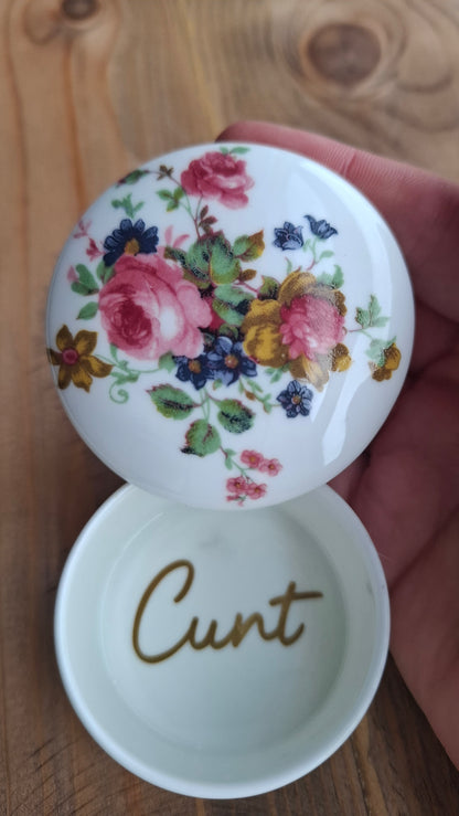 'Cunt' Upcycled White Floral Trinket Pot