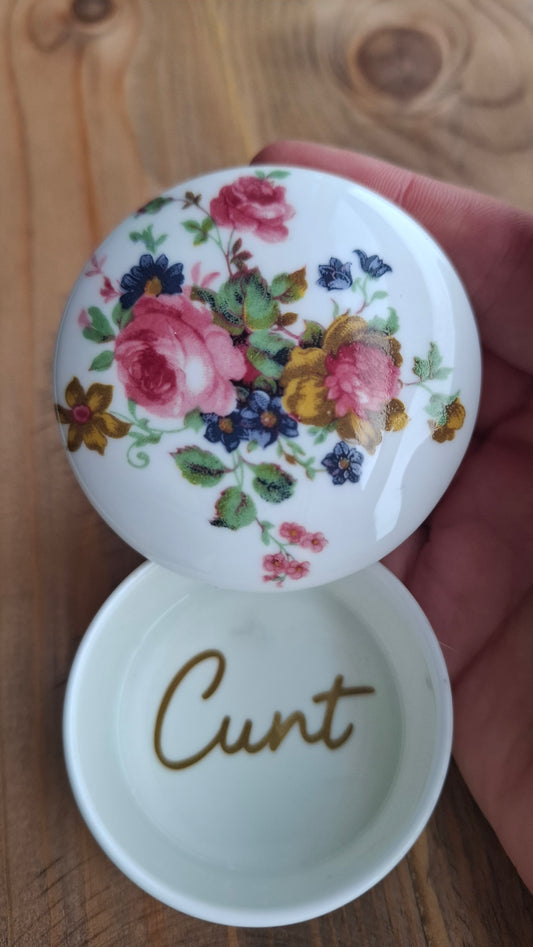 'Cunt' Upcycled White Floral Trinket Pot