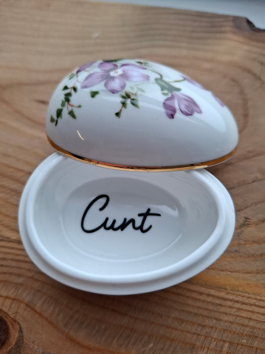 'Cunt' Upcycled Small Egg Shaped Trinket Pot With Purple Flowers