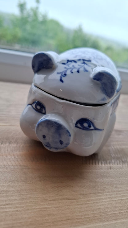 'Cunt' Upcycled White & Blue Chunky Pig Trinket Pot