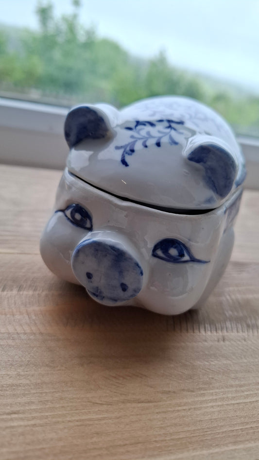 'Cunt' Upcycled White & Blue Chunky Pig Trinket Pot