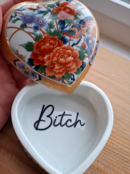 'Bitch' Upcycled Heart Shaped Bright Bird Floral Trinket Pot