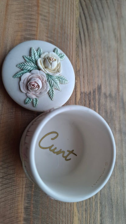 'Cunt' Upcycled Round Ribbon & Roses Trinket Pot