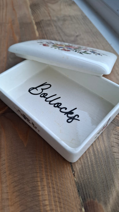 'Bollocks' Floral Rectangular Trinket Pot (CHEAPER DUE TO CRACKLE/STAINING)