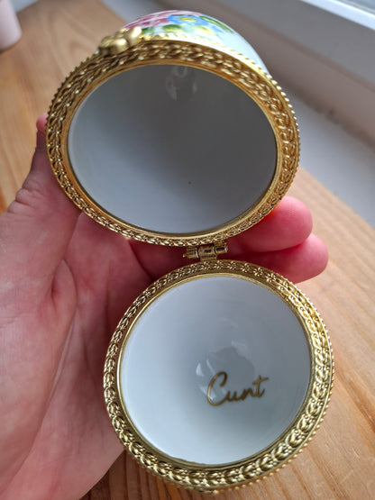 'Cunt' Upcycled Floral Pink Fancy Egg Trinket Pot With Legs (DISCOUNTED)