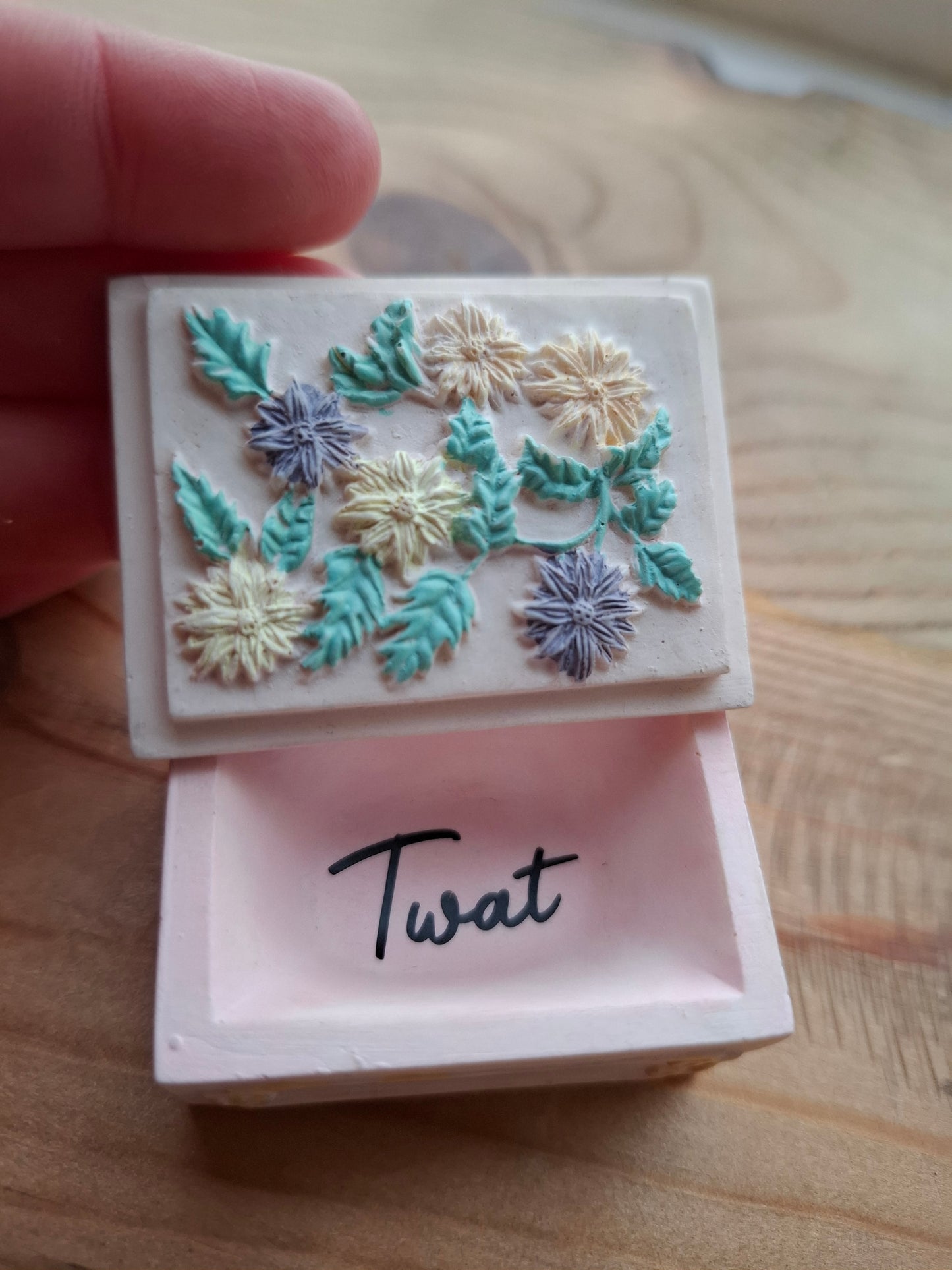 'Twat' Upcycled Small Rectangular Cream/Pinky Trinket Pot