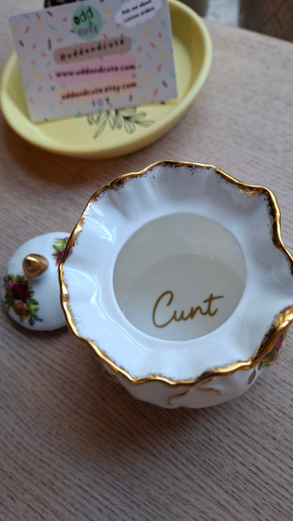 'Cunt' Upcycled Fancy Bag Style Trinket Pot (Gold Writing)