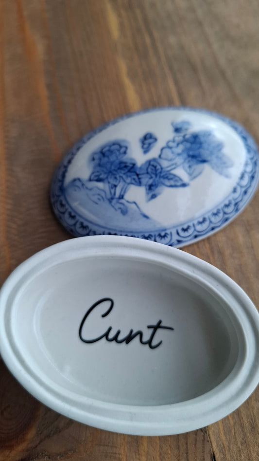 'Cunt' Upcycled Blue & White Floral Oval Trinket Pot