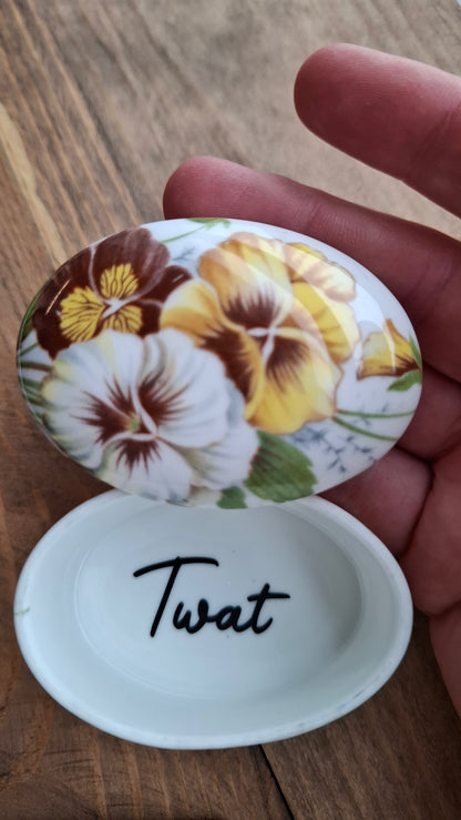 'Twat' Upcycled Small Oval Shaped Yellowy Floral Trinket Pot