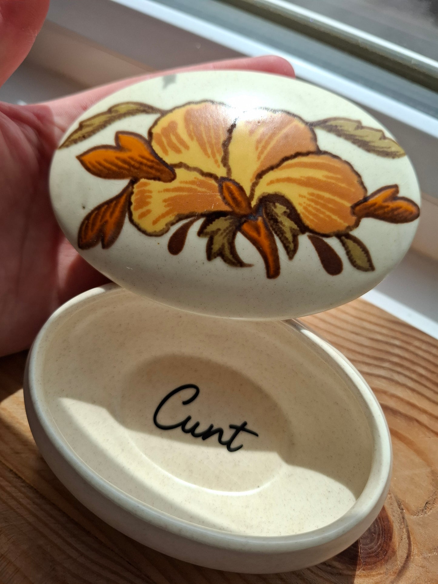 'Cunt' Upcycled Oval Orange Floral Trinket Pot