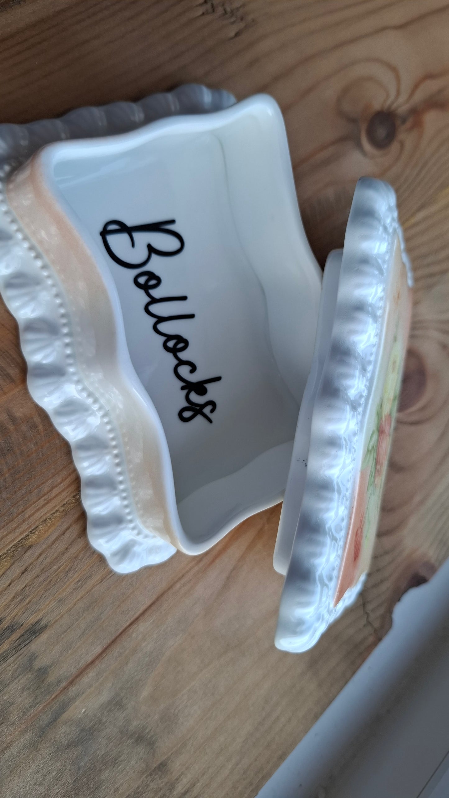 'Bollocks' Upcycled Floral Rectangular Frilly Trinket Pot