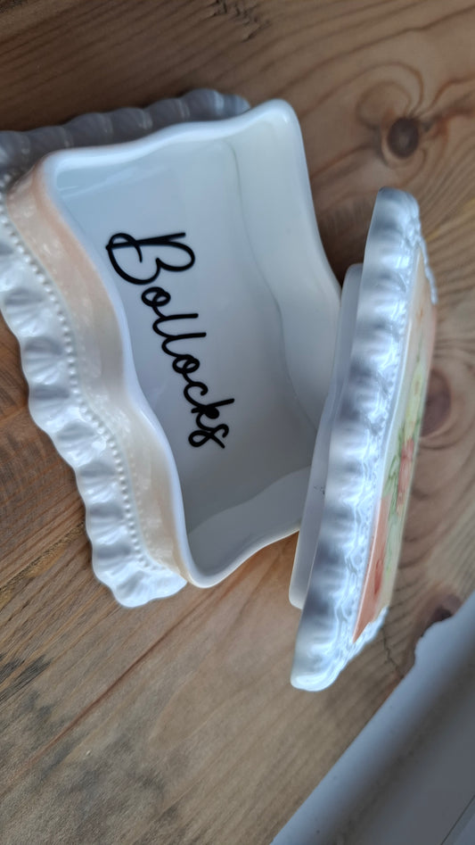 'Bollocks' Upcycled Floral Rectangular Frilly Trinket Pot