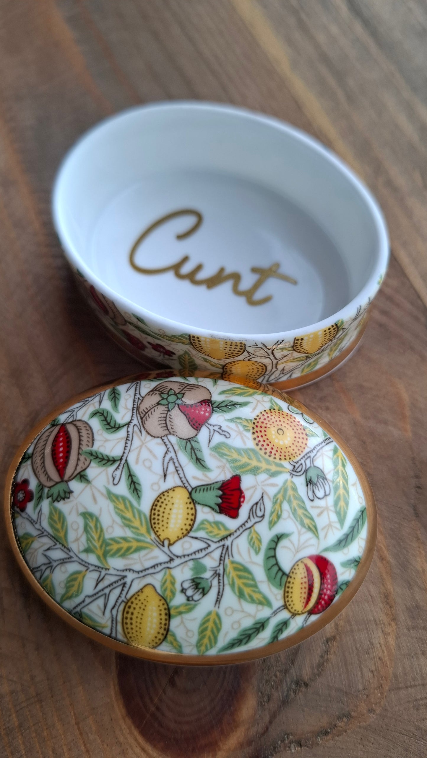 'Cunt' Upcycled William Morris Citrus Obal Shaped Trinket Pot