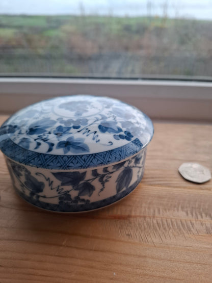'Beef Curtains' Upcycled Large Round Blue/White Trinket Pot