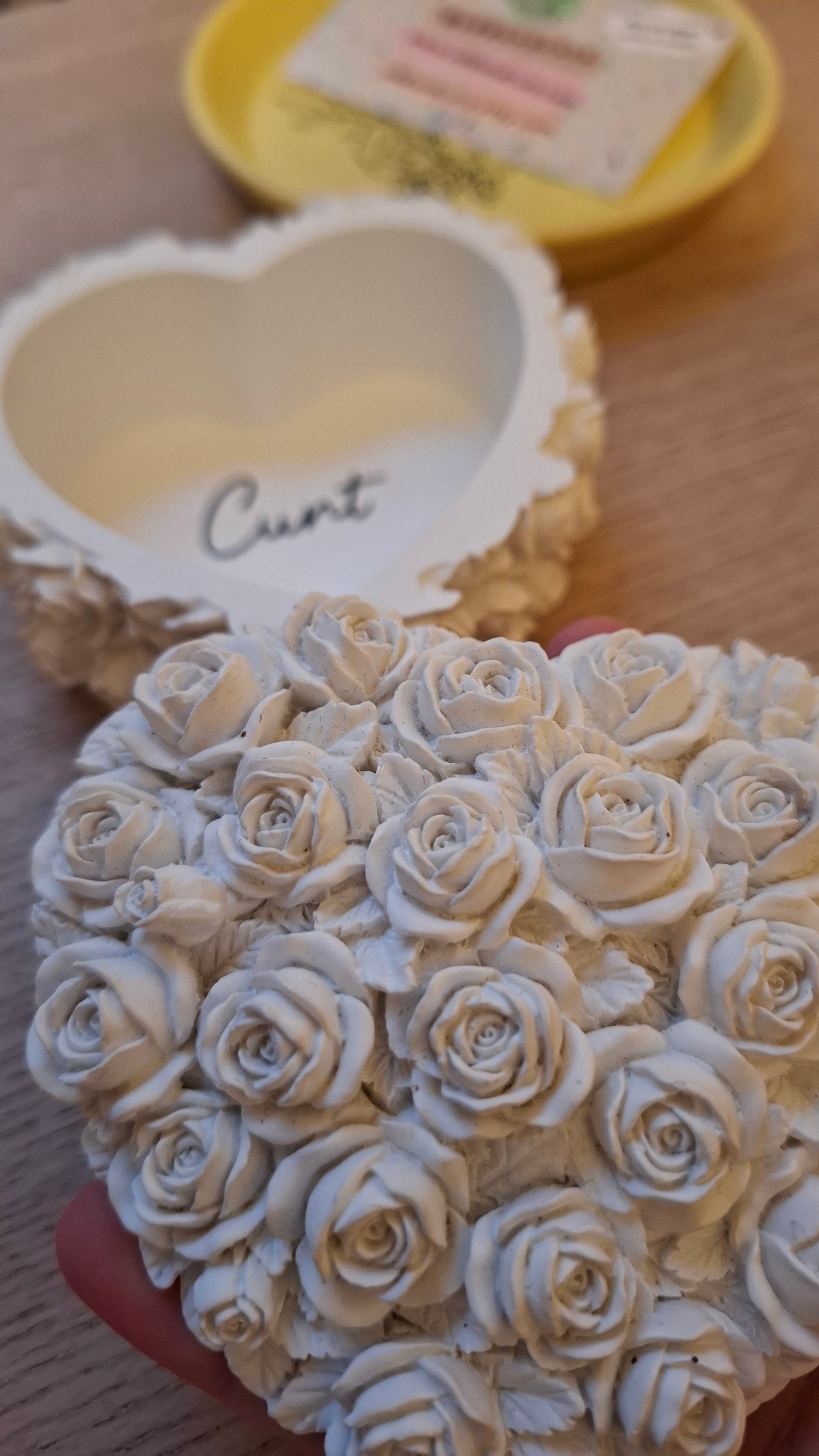 'Cunt' Upcycled Heart Shaped White Rose Trinket Pot