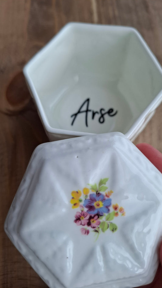 'Arsehole' Upcycled Hexagonal Floral Trinket Pot (MARKS ON SIDE)