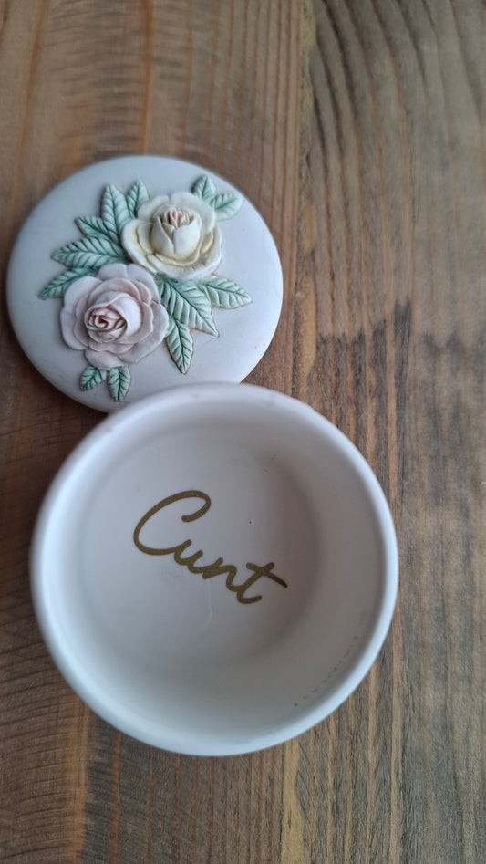 'Cunt' Upcycled Round Ribbon & Roses Trinket Pot