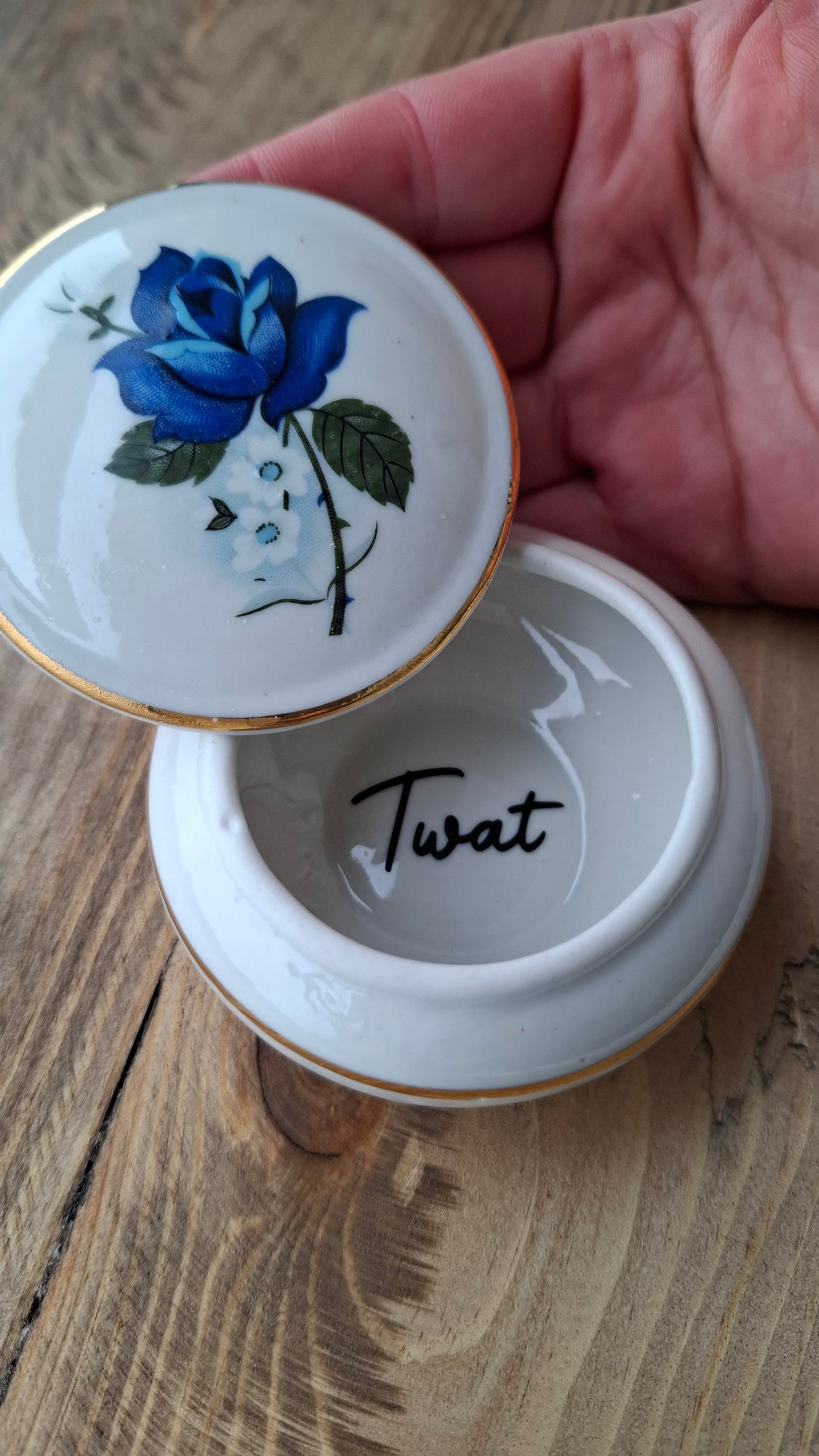 'Twat' Upcycled Blue Rose Trinket Pot