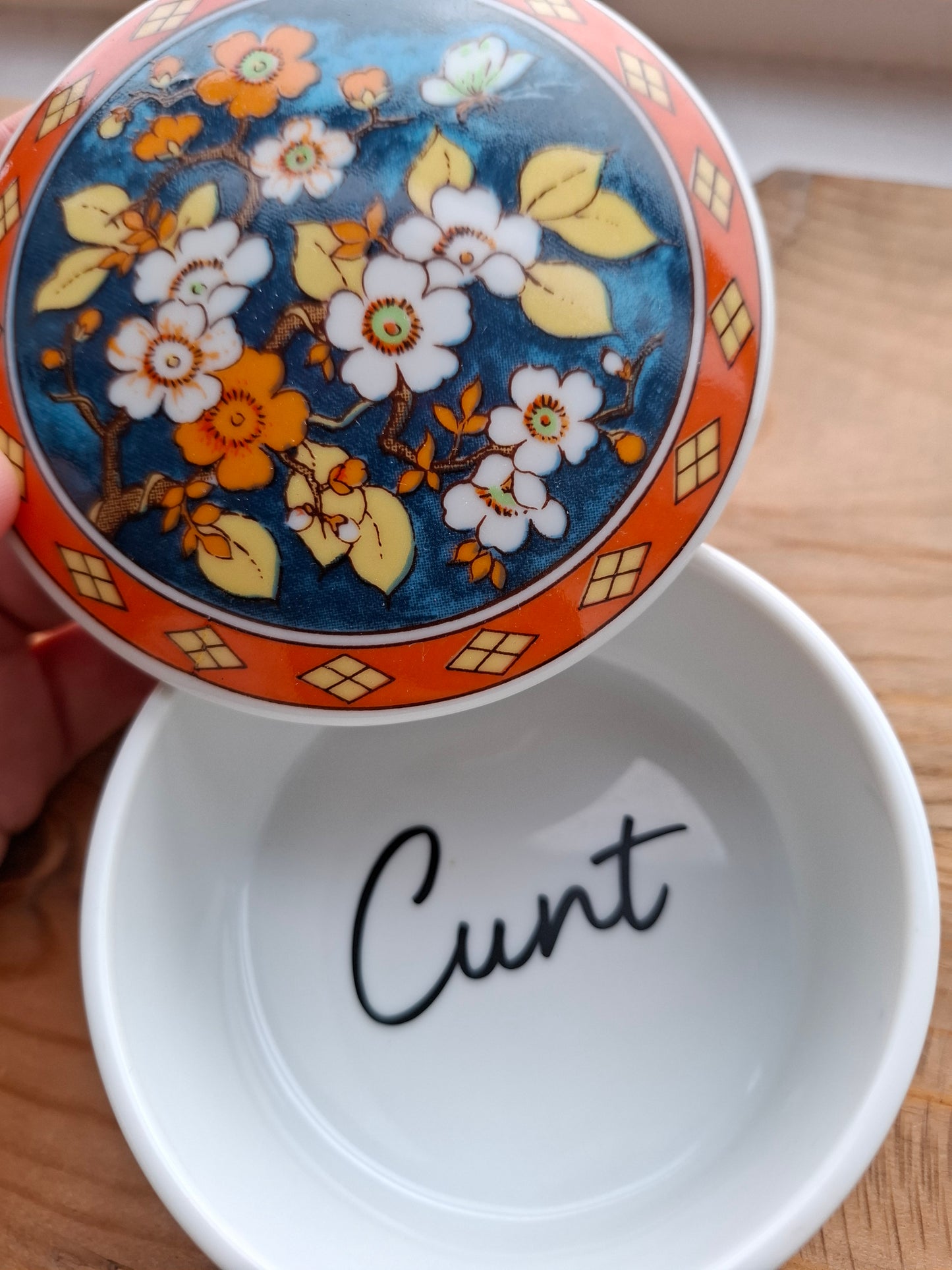 'Cunt' Bright Orange/Navy Patterned Trinket Pot