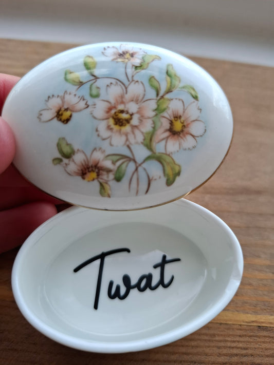 'Twat' Upcycled Small Oval Shaped Floral Trinket Pot