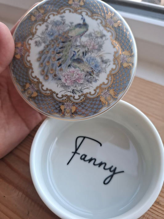'Fanny Flaps' Upcycled Round Fancy Peacock Trinket Pot