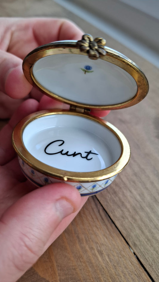 'Cunt' Upcycled Blue/White with Clasp Trinket Pot