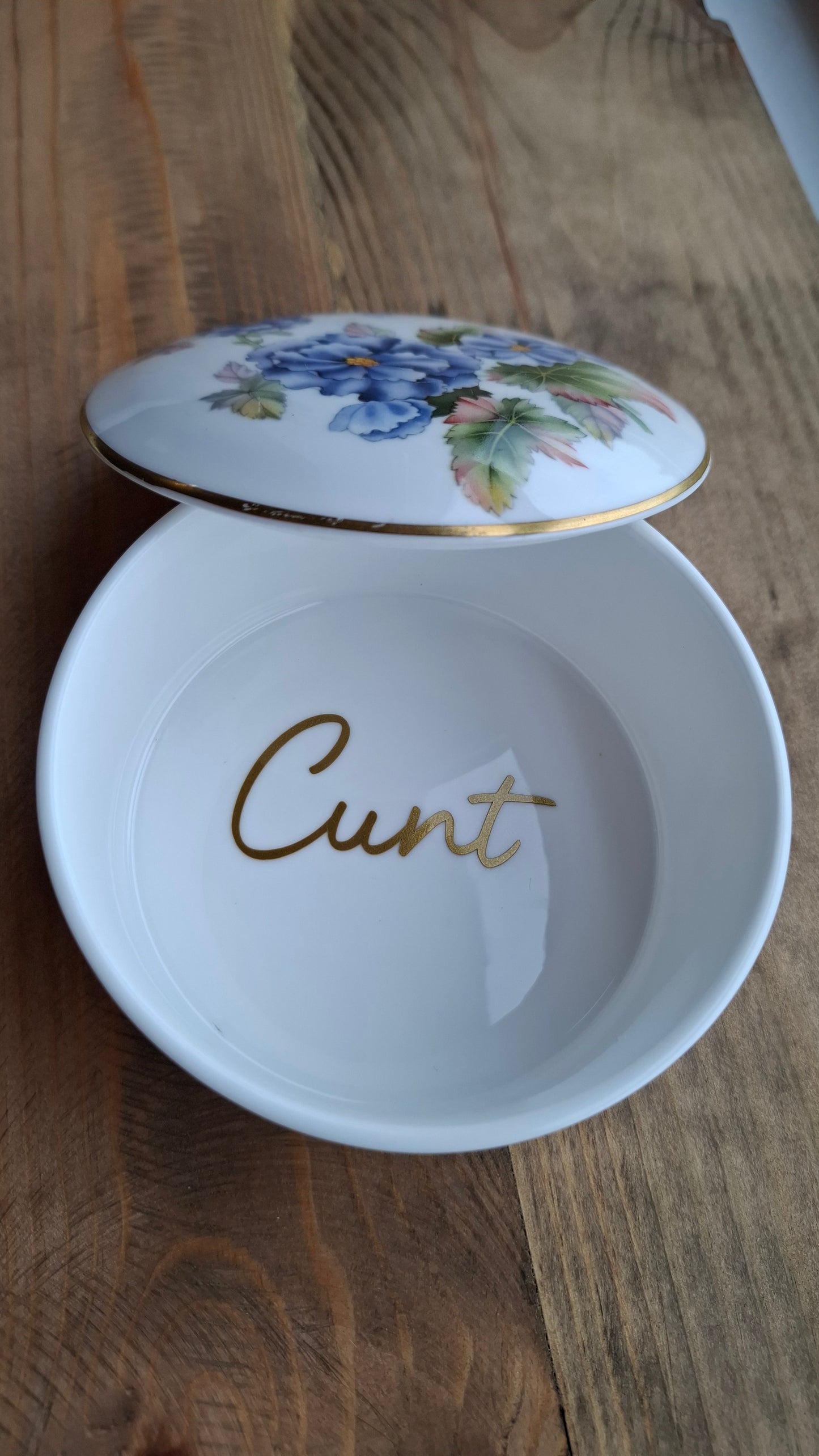 'Cunt' Upcycled Blue Floral Medium Sized Trinket Pot