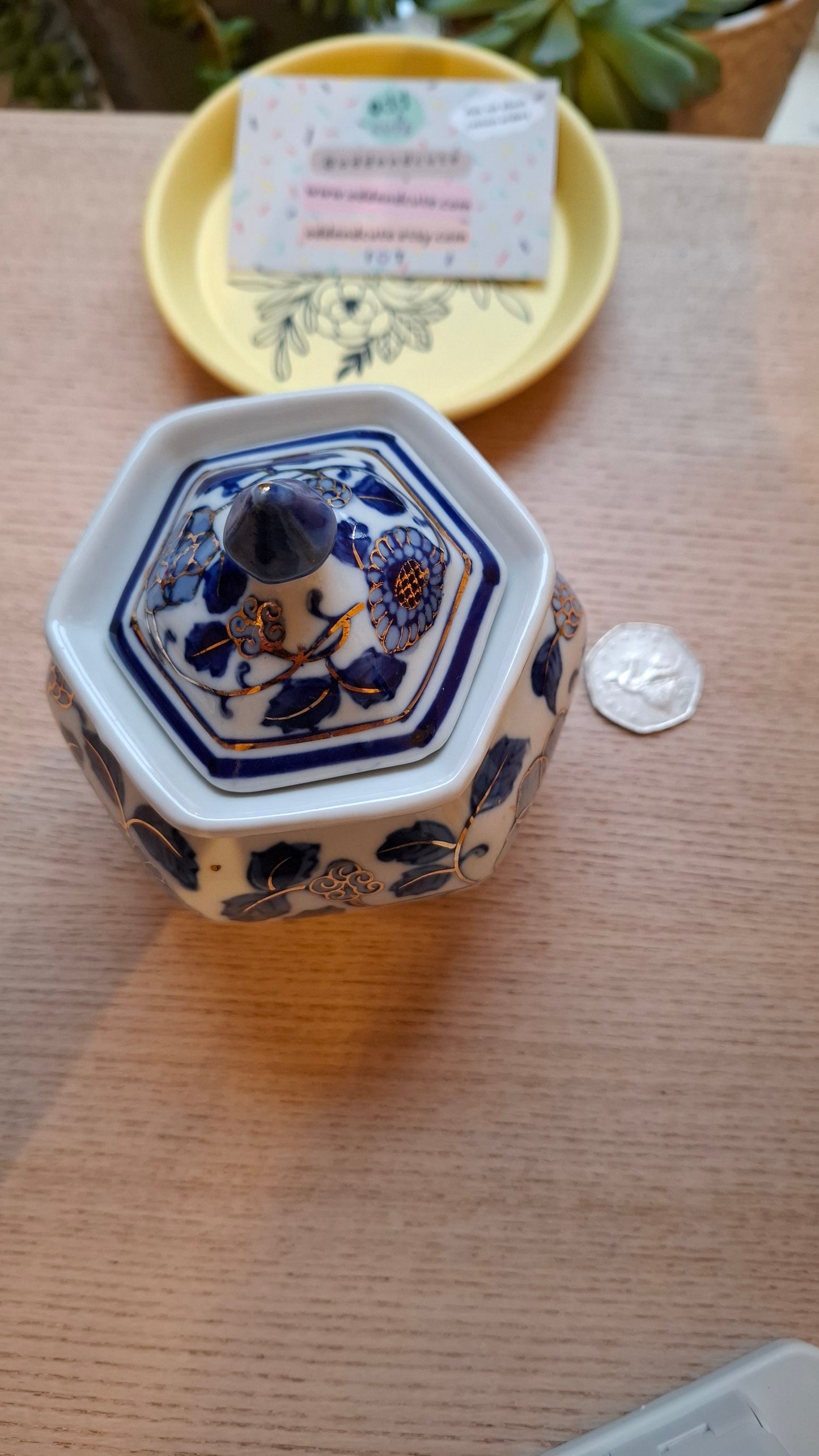 'Twat' Upcycled Blue And White Hexagon Shaped Pot