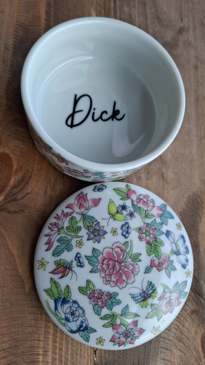 'Dick Head' Upcycled Butterfly and Flowers Trinket Pot