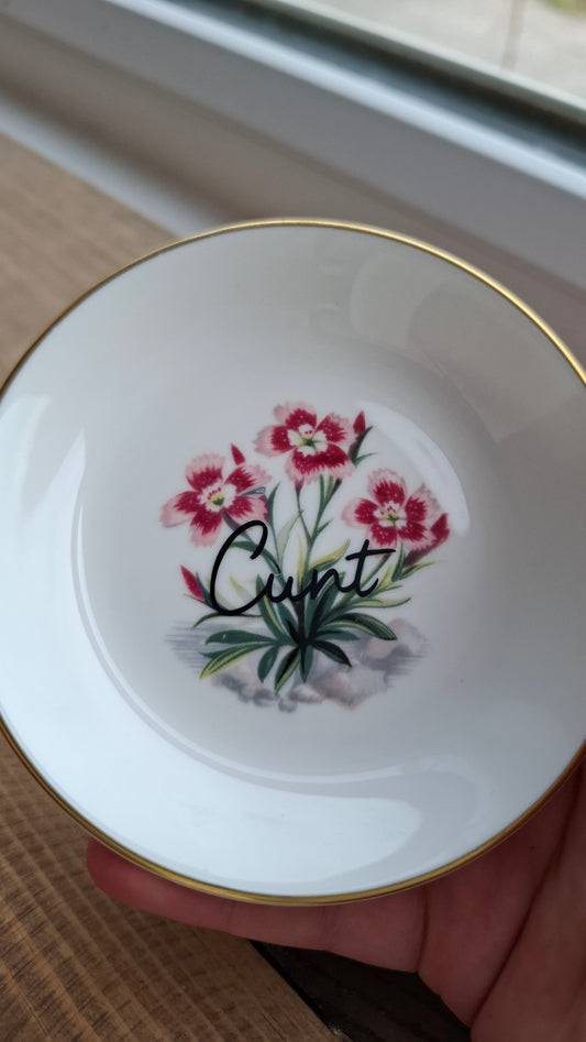 'Cunt' Upcycled Round Floral Small Trinket Dish (3 Pink Flowers)