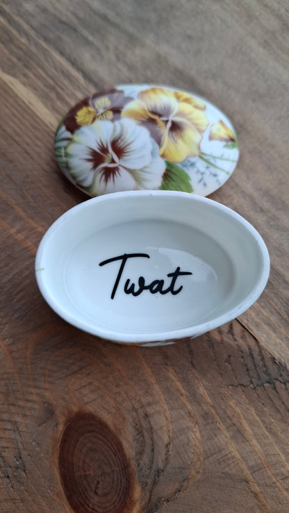 'Twat' Upcycled Small Oval Shaped Yellowy Floral Trinket Pot