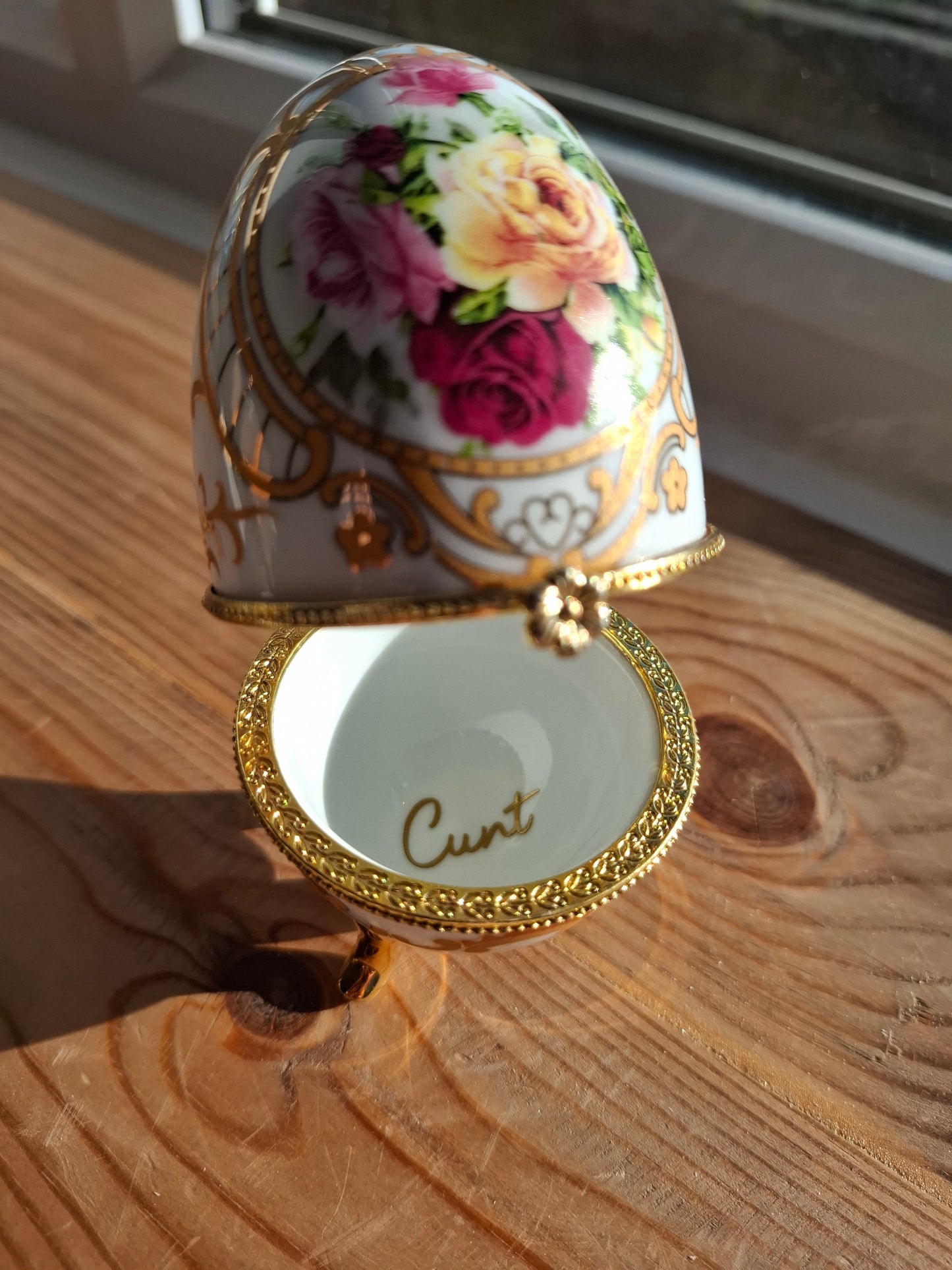 'Cunt' Upcycled White/Gold Fancy Egg Trinket Pot With Legs