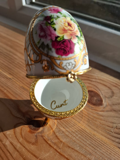 'Cunt' Upcycled White/Gold Fancy Egg Trinket Pot With Legs