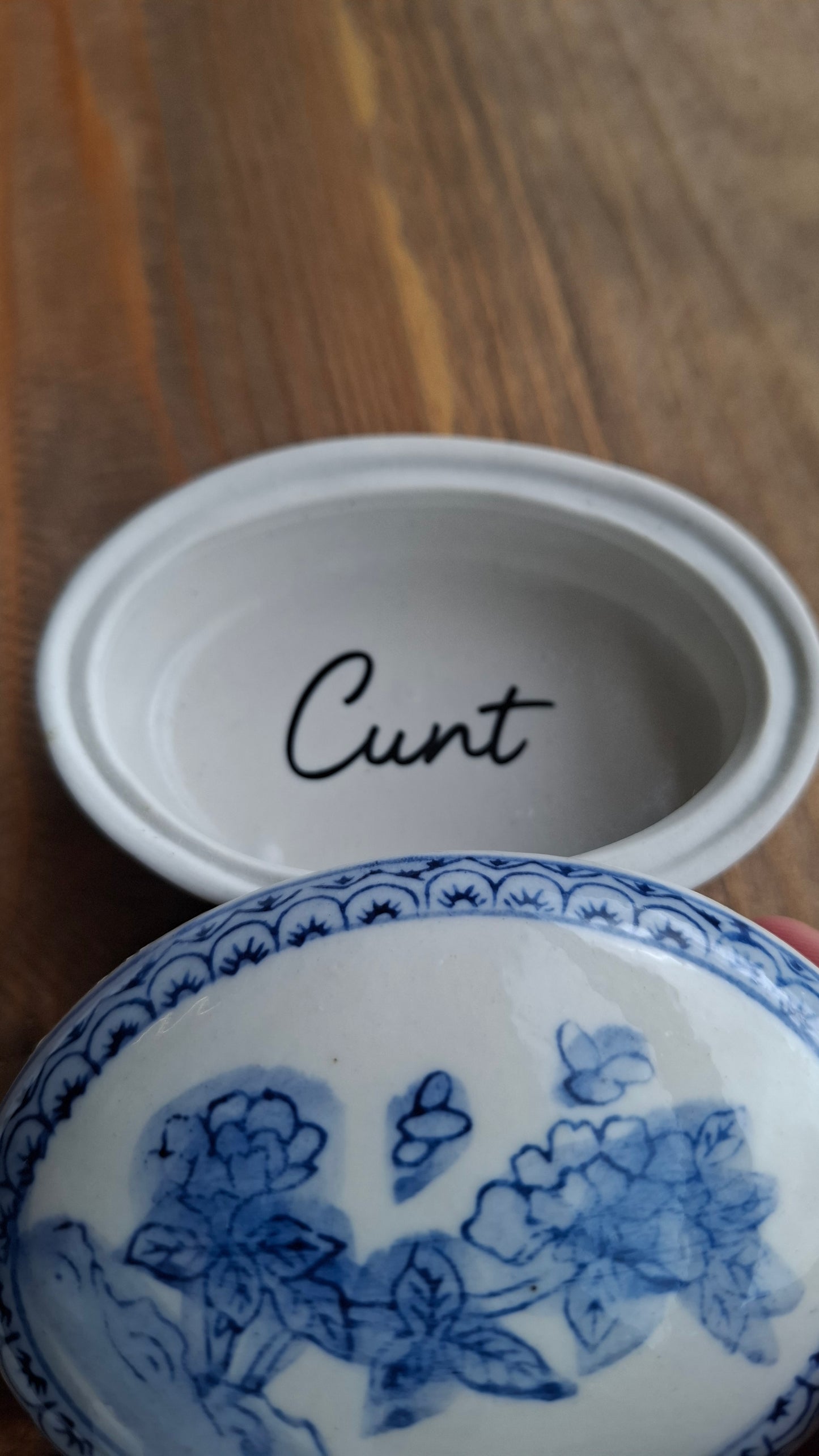 'Cunt' Upcycled Blue & White Floral Oval Trinket Pot