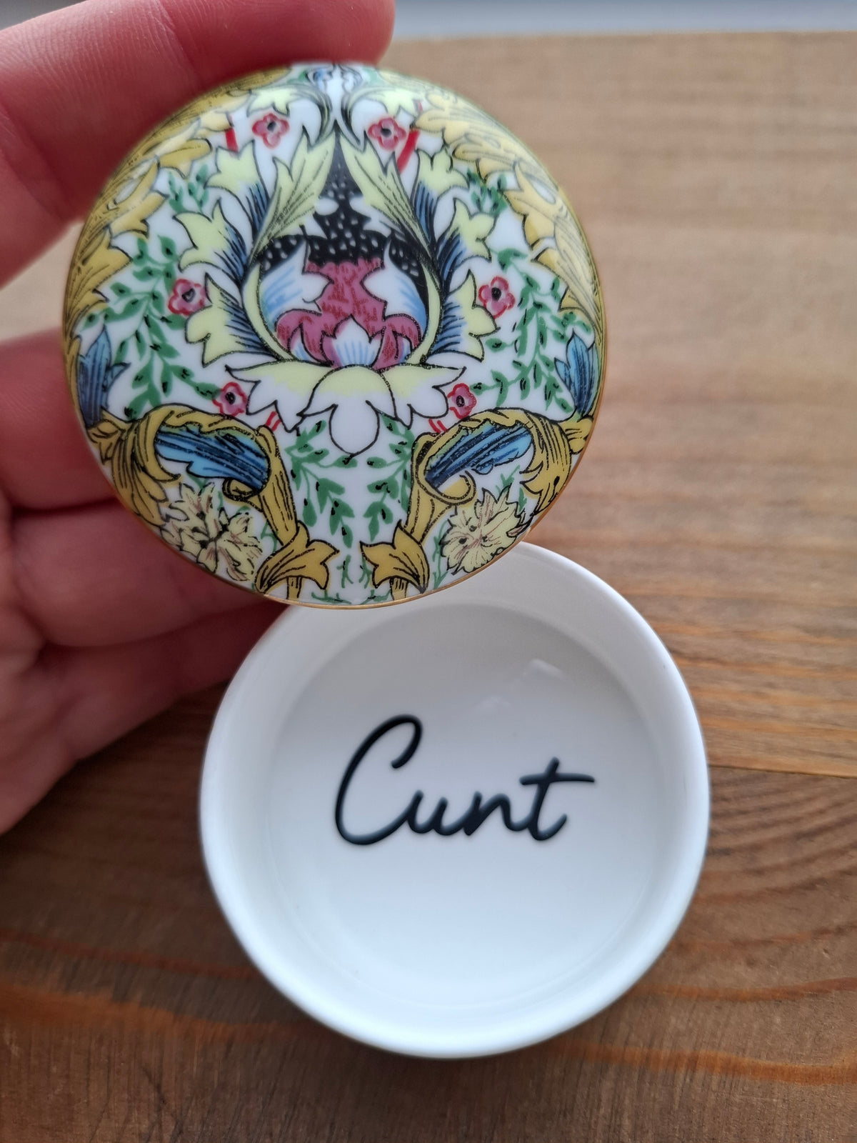 'Cunt' Upcycled Fancy Round Yellow Trinket Pot