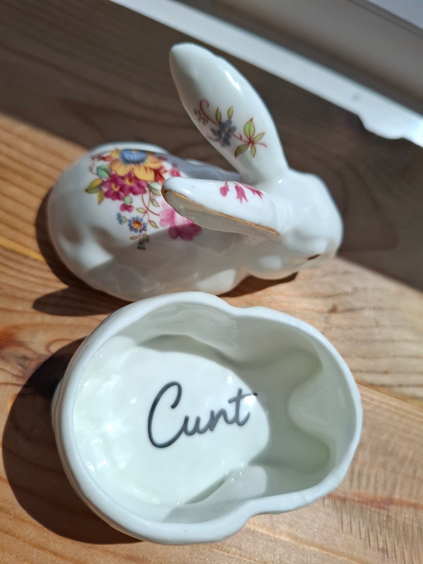 'Cunt' Upcycled White Floral Rabbit Trinket Pot