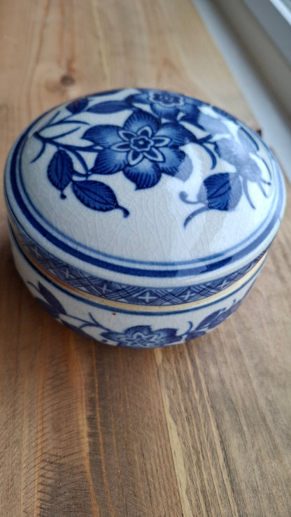 'Fanny Flaps' Upcycled Large Blue And White Round Trinket Pot