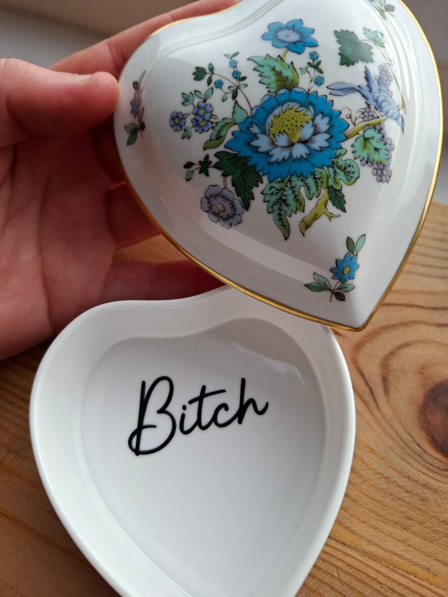 'Bitch' Upcycled Heart Shaped Floral Trinket Pot